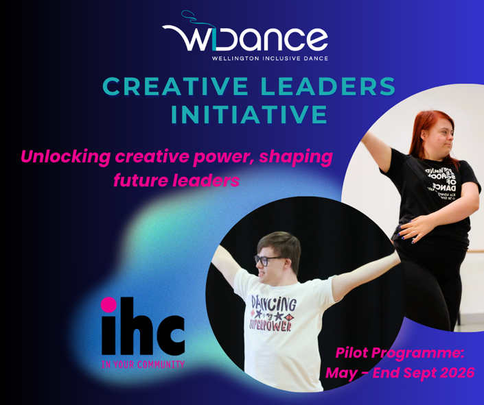 Two dancers arms wide in circle frames on the WIDance creative leaders banner